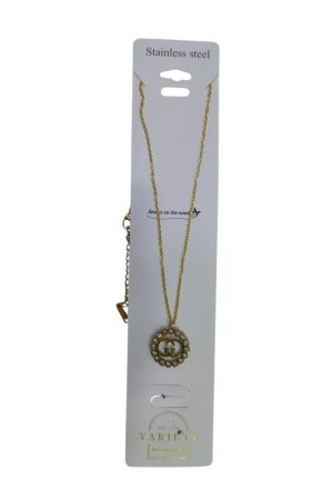 سلسلة ستانلس ستيل بتعليقة دائرية مرصعة بفصوص – تصميم مزدوج – لون ذهبي