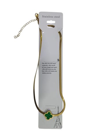 سلسلة ستانلس ستيل فلات بتعليقة زهرة برسيم خضراء – لون ذهبي