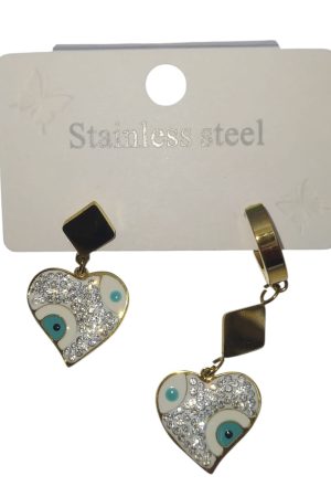 حلق ستانلس ستيل قلوب مرصعة مع عين زرقاء – لون ذهبي