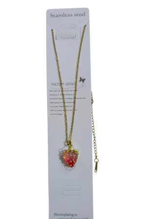 سلسلة ستانلس ستيل بتعليقة فراولة وردي – لون ذهبي